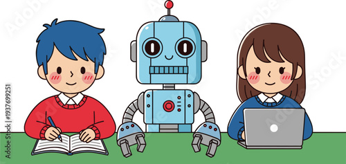 Cute students studying with friendly robot assistant, boy writing notebook and girl using laptop, modern education technology concept cartoon illustration isolated on white