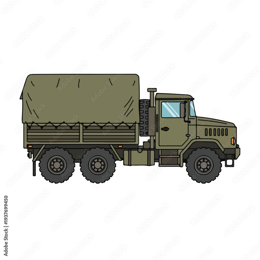 Obraz premium Military truck with covered cargo area on white background