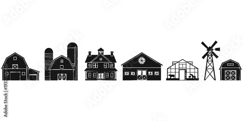 SEO Optimized Title: Farm Building and Agricultural Silhouette Set: Barn, Silo, Farmhouse, and Windmill Icons
