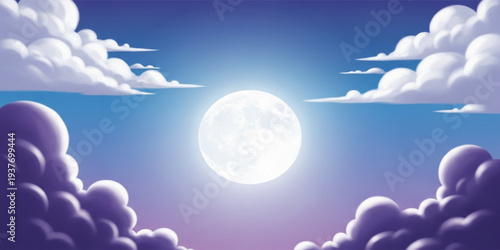 Full Moon in Night Sky with Soft Clouds and Dreamy Blue Purple Gradient Background for Fantasy Landscape Calm Nature and Magical Illustration