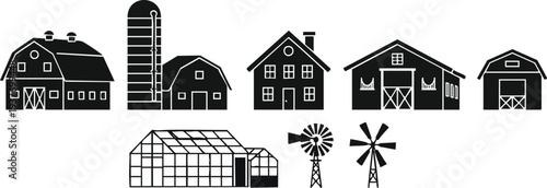 SEO Optimized Title: Farm Building and Agricultural Silhouette Set: Barn, Silo, Farmhouse, and Windmill Icons