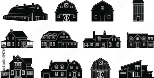 Farm barn and residential house silhouette collection with rural buildings, farmhouse, silo and modern homes, black architecture icon set isolated on white