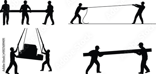Construction workers carrying materials and lifting equipment silhouettes, industrial labor teamwork jobsite illustration collection set