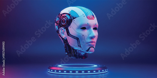 Futuristic AI Humanoid Robot Head with Cybernetic Details and Neon Lighting on Dark Technology Background 3D Illustration