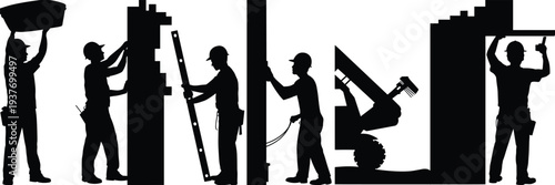 Construction workers building wall silhouettes with tools and materials, industrial labor workforce jobsite illustration collection set