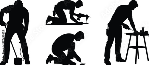 Construction workers working silhouettes set, builder using drill and tools, manual labor workforce industrial jobsite illustration collection