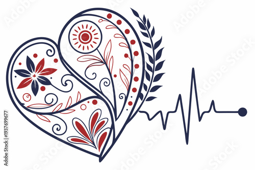 A stylized heart illustration with floral patterns and an ECG line in a flat design style