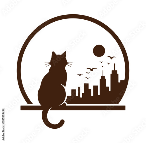 Brown silhouette of a cat looking out at a cityscape with birds flying
