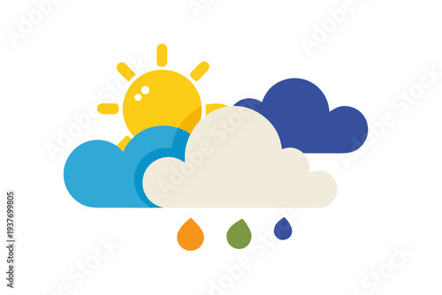 A colorful vector graphic illustrating various weather conditions with sun, clouds, and raindrops