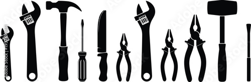 Hand tools silhouettes set hammer wrench pliers screwdriver knife mallet construction repair equipment illustration collection