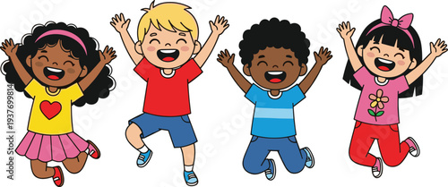 Happy diverse children jumping together, cute cartoon multicultural kids celebrating friendship, joy and inclusion, playful childhood happiness illustration isolated on light background cheerful