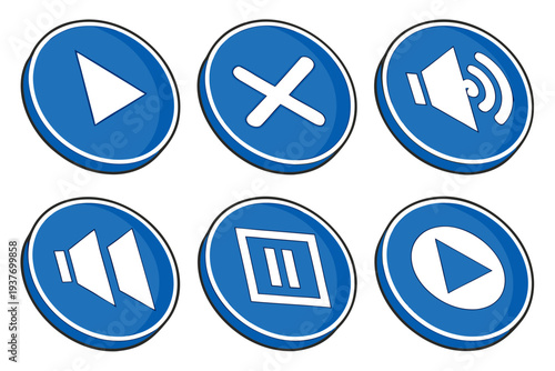 A set of six blue and white media control icons for playback and volume adjustment