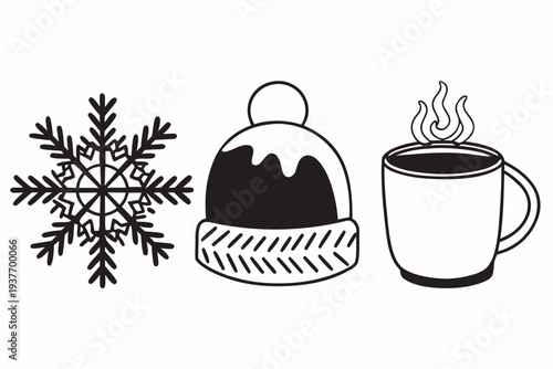 A minimalist winter icon set featuring a snowflake, hat, and steaming cup of coffee in a simple black and white design