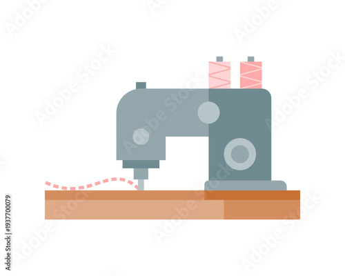 Industrial sewing machine with pink thread icon flat vector design