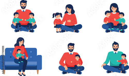 Happy family characters collection with parents and children sitting together, mother father bonding with kids, flat cartoon parenting illustration isolated on white background