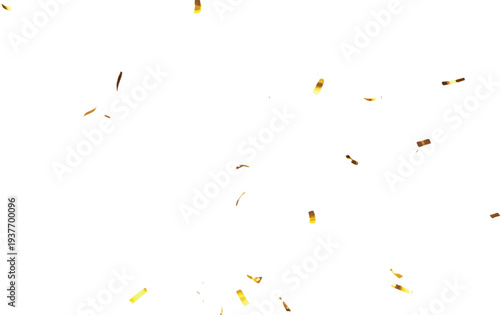 Light sprinkle of gold confetti floating downwards against a bright white backdrop, conveying a sense of elegance and celebration for any special occasion or event.
