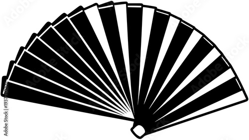 A classic folding hand fan is spread open, showing alternating black and white radial segments.