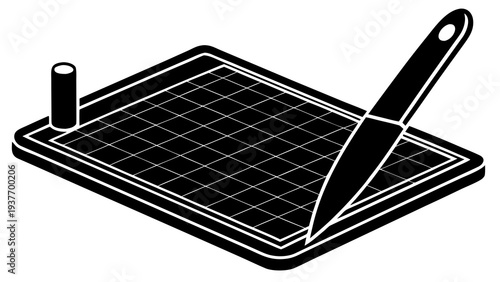 A small cylinder stands next to a gridded cutting board with a sharp blade poised for action.