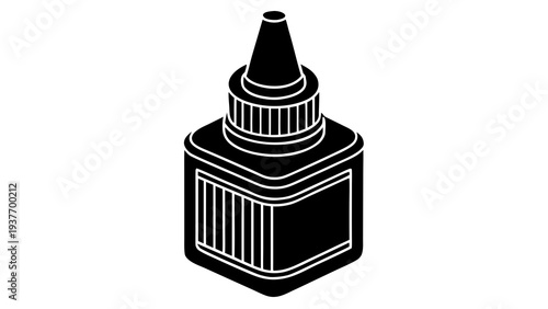 Black and white illustration depicts a small bottle of strong adhesive glue on a white background.