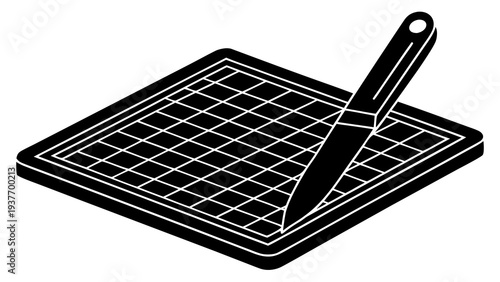 Cutting mat with grid lines and a sharp utility knife are rendered in stark black and white graphics.