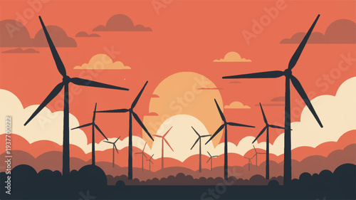 Wind turbines generate renewable energy at sunset with orange sky and clouds