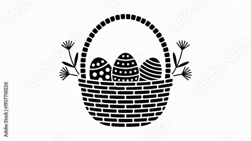 Easter eggs in a wicker basket with flowers on white background holiday decoration