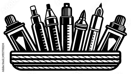 Black and white illustration depicts various art markers clustered in a woven holder.