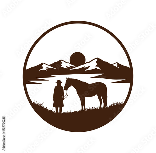 cowboy standing with horse in front of mountain range at sunset