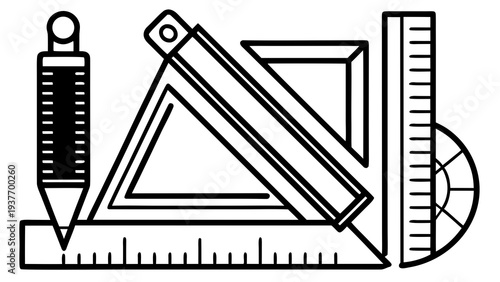 Drafting tools including a mechanical pencil, triangles, and rulers are arranged together for precision.