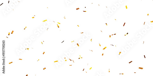 Golden confetti gently falling and scattering against a clean white background, perfect for celebrations and festive designs.