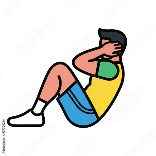 Man doing sit ups exercise on floor with one hand on face