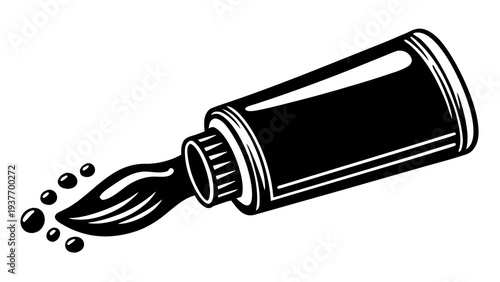 Black ink squeezes out of a tilted tube in a stark, monochrome graphic style.