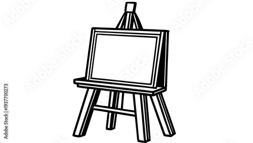 A simple wooden artist's easel stands upright with a blank white rectangular canvas ready for painting.