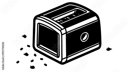 Black and white isometric drawing of a modern toaster ejecting crumbs onto a white surface.