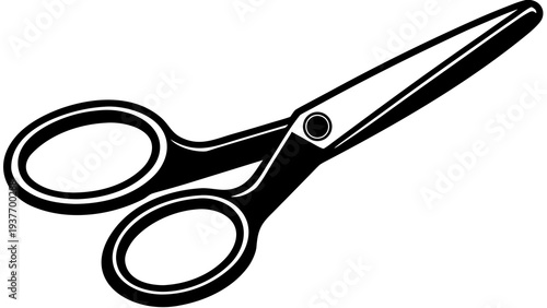 Black and white illustration of sharp scissors with rounded handles is angled diagonally.