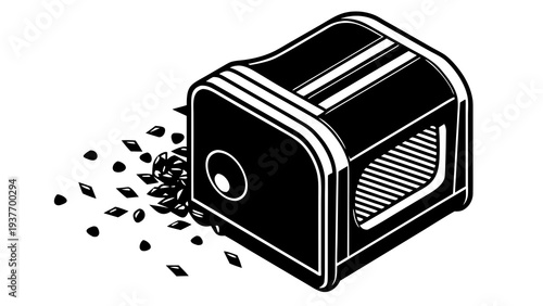 Black and white isometric illustration of a coffee grinder spilling dark roasted beans onto a white.