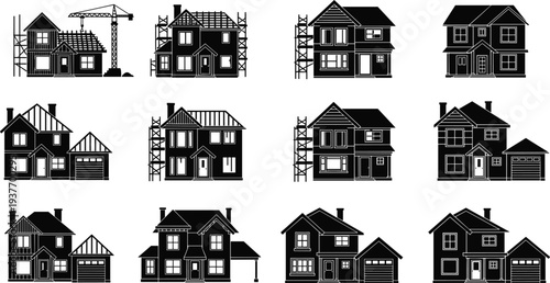 House construction stages silhouette collection with residential homes, scaffolding and crane, building process architecture icons set for real estate and development