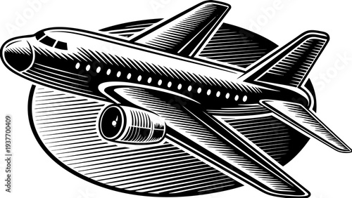 Commercial airliner depicted in a stylized, dynamic engraving against a dark background.