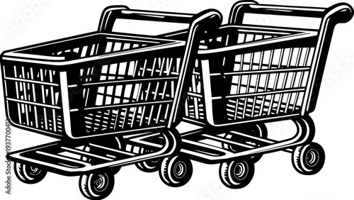 Two black and white shopping carts stand ready for grocery purchases.