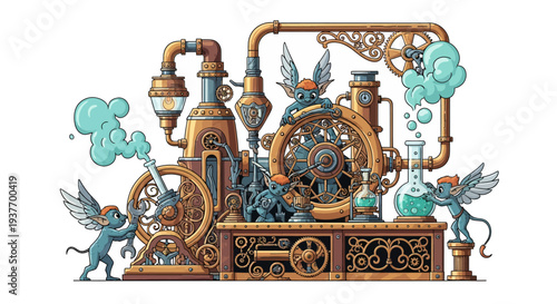 Whimsical steampunk creatures operating intricate copper machinery with steam