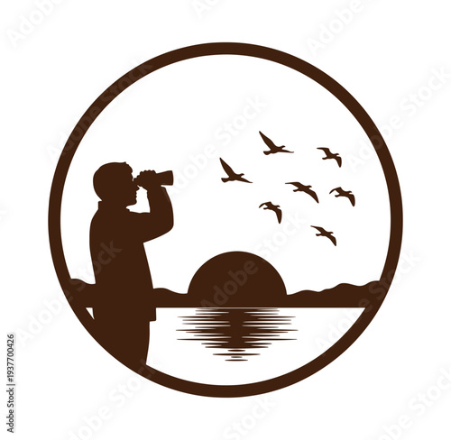 Man in circle taking photo of birds flying over sunset lake scene