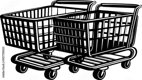 Two metal wire shopping carts sit side by side in a detailed, high-contrast vector drawing.