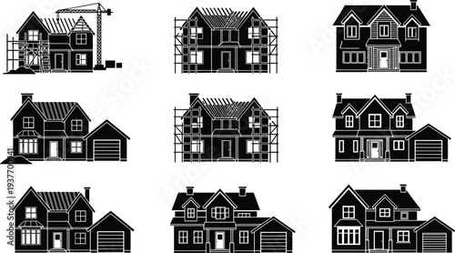 House construction stages silhouette set showing residential home building process from scaffolding and crane framework to completed modern suburban houses architecture illustration collection