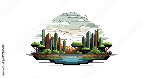 Vibrant futuristic cityscape on sustainable floating island with lush greenery