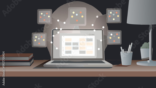 Flat vector illustration of laptop on desk with books lamp and cup of pens surrounded by floating screens in a modern workspace setting with a dark background