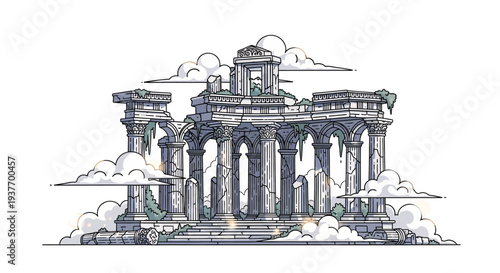 Ancient Greek temple ruins with columns and clouds