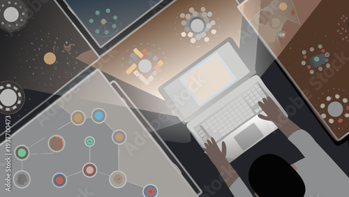 Flat vector illustration of a person working on a laptop with multiple screens displaying data visualization and charts around them in a modern workspace