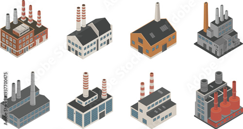 Industrial factory buildings collection with chimneys and power plant structures, isometric manufacturing plants and industry facilities illustration set isolated on white background