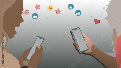 Two people compare social media on smartphones with likes hearts and emojis floating above representing digital dissatisfaction and online interaction