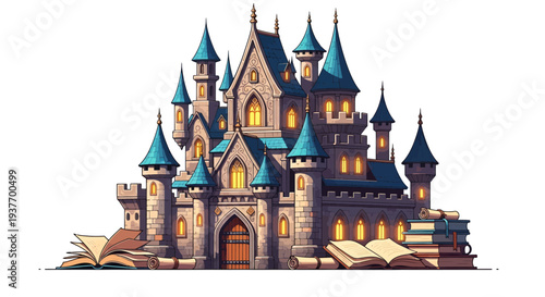 Magical castle with blue turrets and books illustration